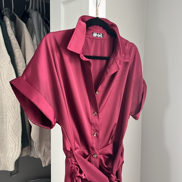 Amazon BTBFM Satin-like Burgundy Button-Up Dress, worn once - Picture 4 of 8